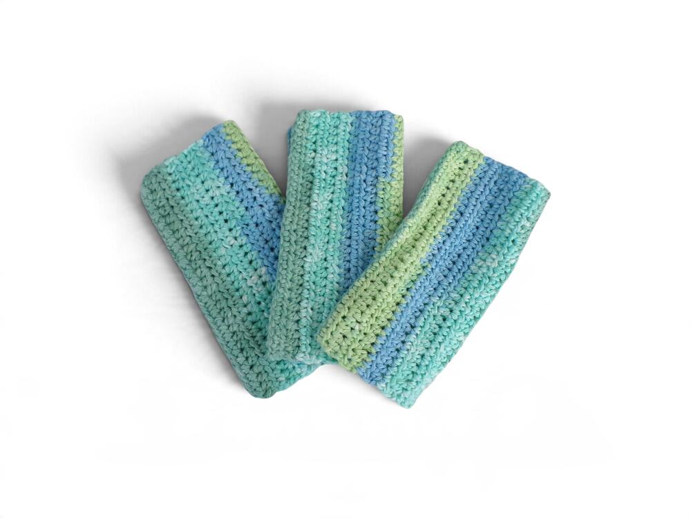(3) Handmade Crocheted Dishcloths Washcloths 100% Cotton Ocean Stripes Ombre